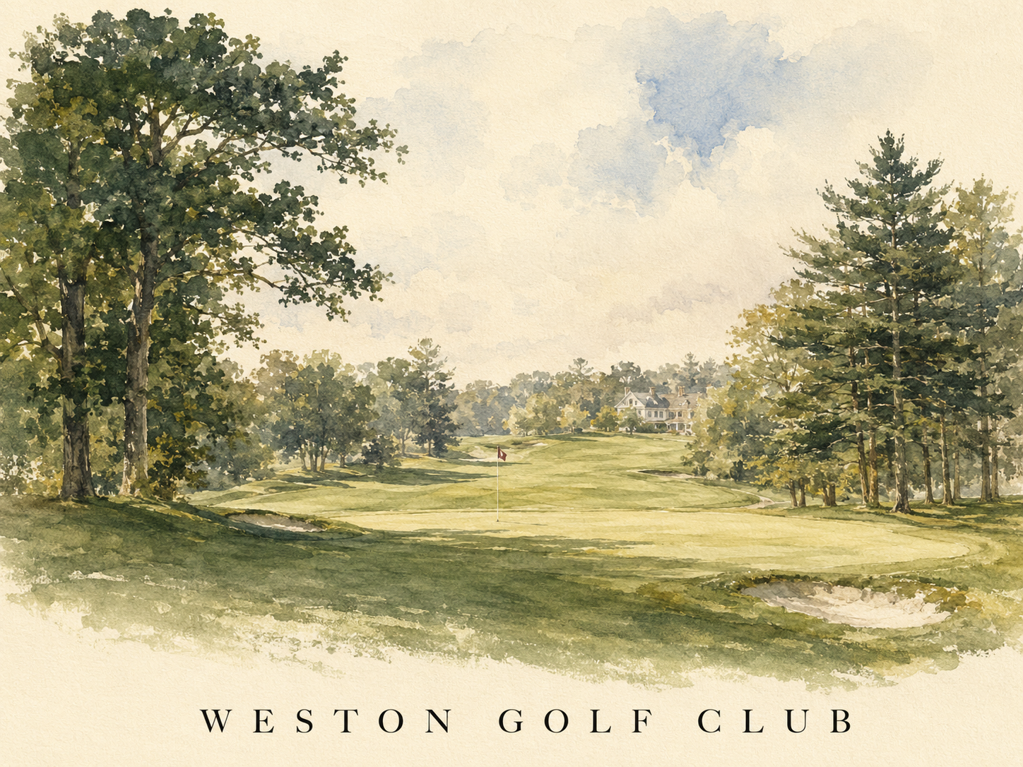 Illustrative watercolor view across the Weston Golf Club course toward the clubhouse.